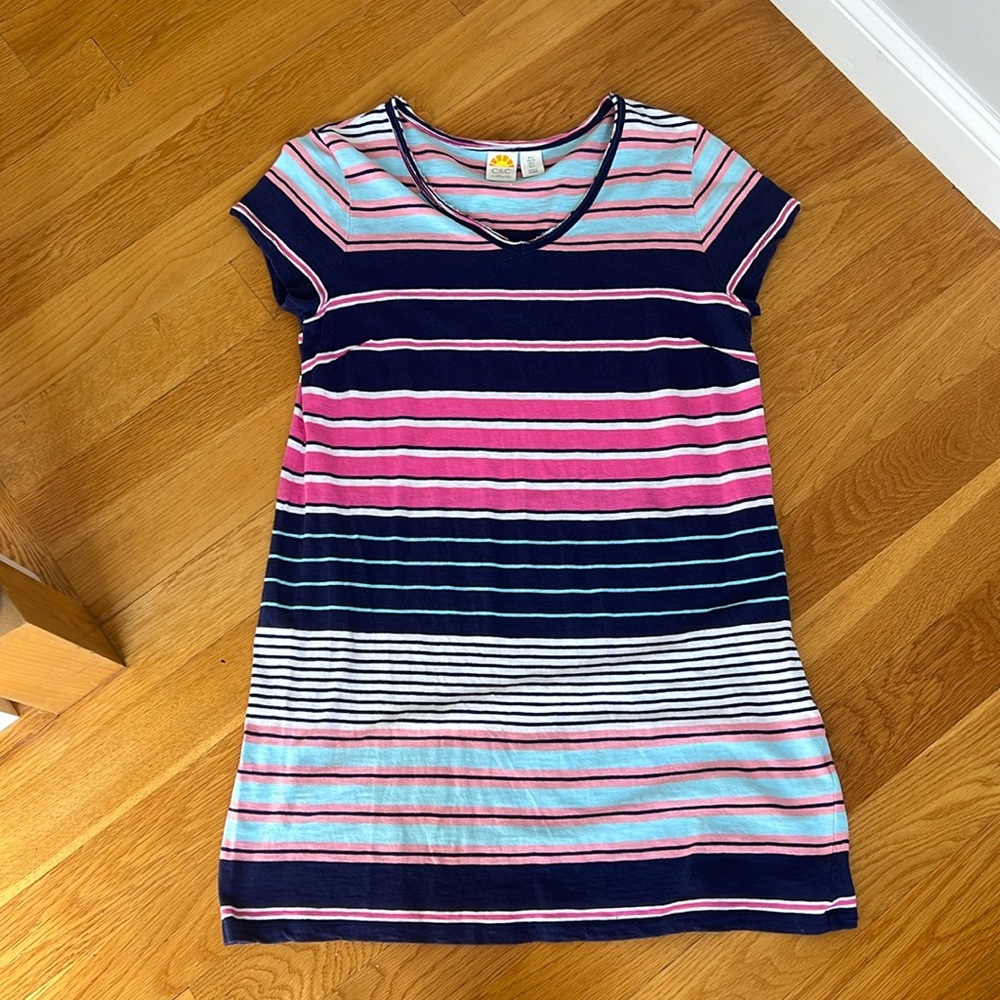 C&C California Navy Pink Light Blue White Striped Mini Dress